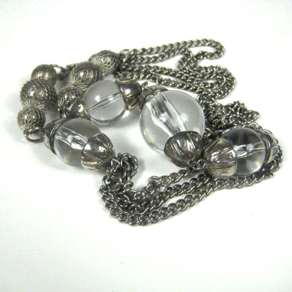 Silvertone Multi Strand Chain Necklace Clear Lucite Beads Mesh Spheres 33 inch - Picture 2 of 11